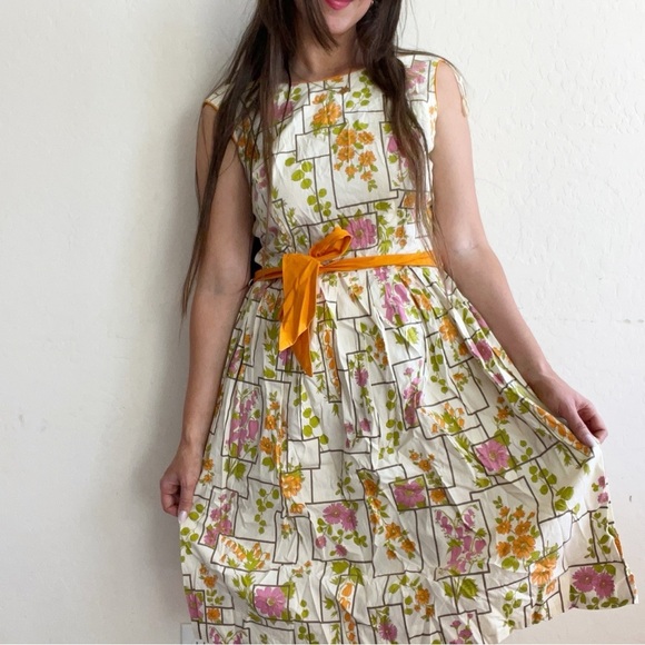 VTG 60’s Mode O’Day Orange Belted Waist Floral Dress USA Cottagecore Boho - Picture 2 of 12